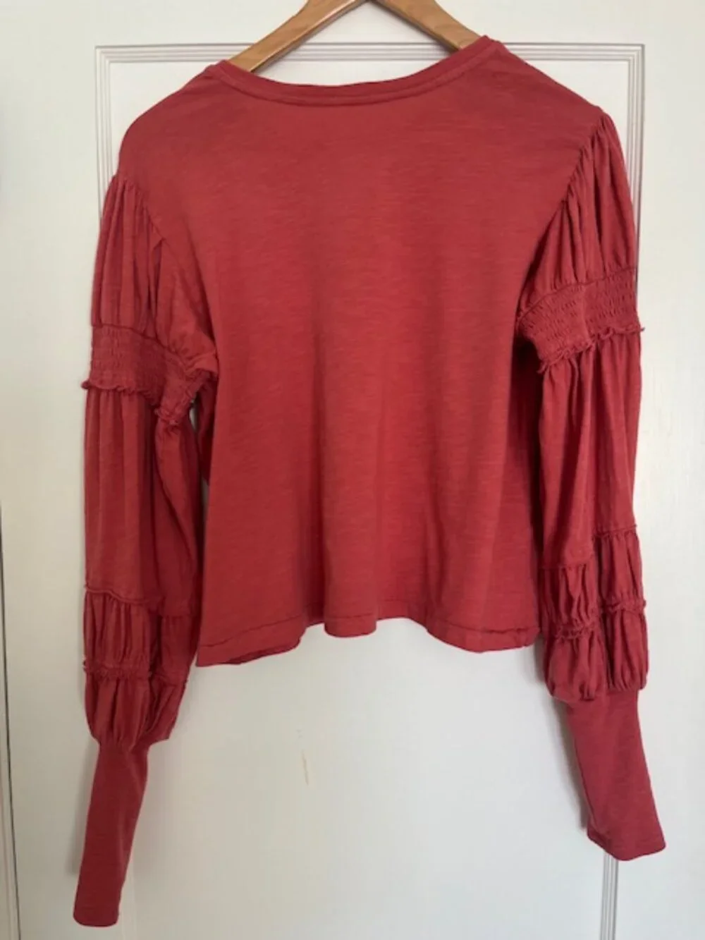 Anthropologie Pilcro Crew-Neck Ruched & Smocked-Sleeve Top | Size Small - Picture 6 of 8